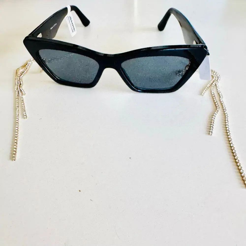 NEW ANTHROPOLOGIE Black Clip Tassel Rhinestone Charm Sunglasses $78 Sunnies